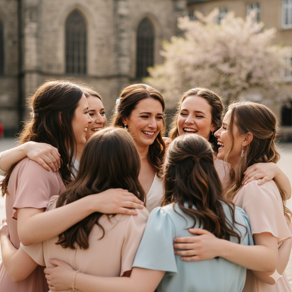 JGA Fotoshooting – Braut mit besten Freundinnen bei herzlicher Umarmung
