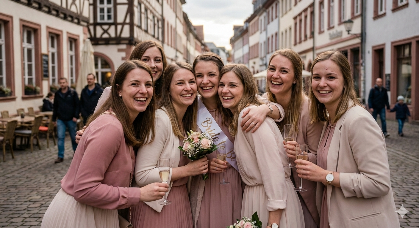 JGA Fotoshooting Gruppe beim Outdoor-Shooting in der Stadt